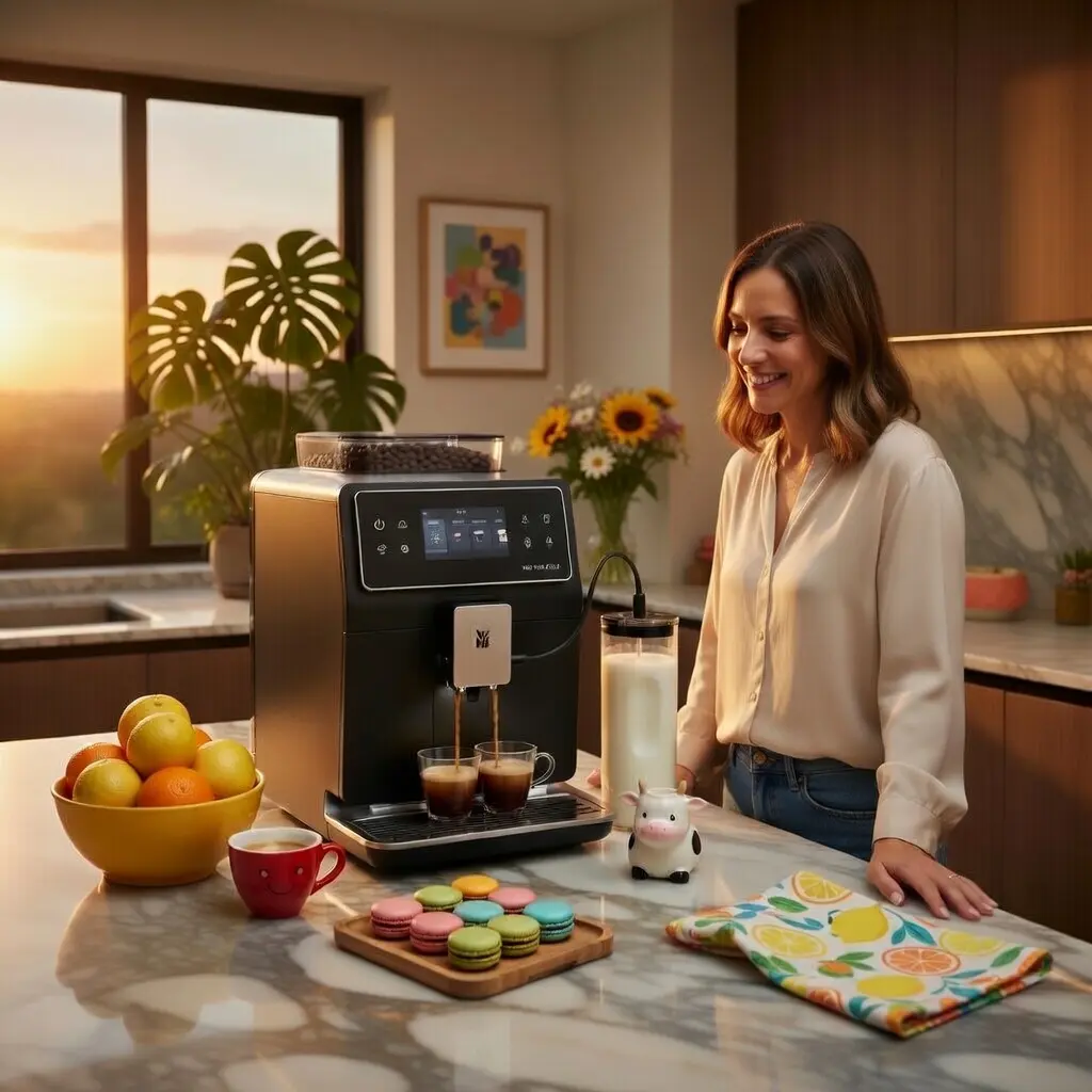 Mujer usando cafetera superautomática en cocina